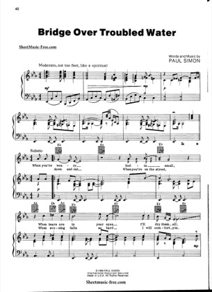 Thumbnail of first page of Bridge Over Troubled Water  piano sheet music PDF by Simon And Garfunkel.