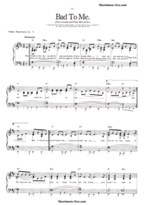 Thumbnail of first page of Bad To Me piano sheet music PDF by The Beatles.