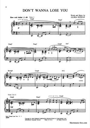 Thumbnail of first page of Don't Wanna Lose You  piano sheet music PDF by Gloria Estefan.