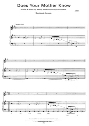 Thumbnail of first page of Does Your Mother Know piano sheet music PDF by ABBA.
