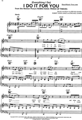 Thumbnail of first page of Everything I Do (3) piano sheet music PDF by Bryan Adams.