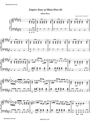 Thumbnail of first page of Empire State Of Mind piano sheet music PDF by Alicia Keys.