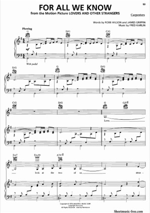 Thumbnail of first page of For All We Know  piano sheet music PDF by The Carpenters.