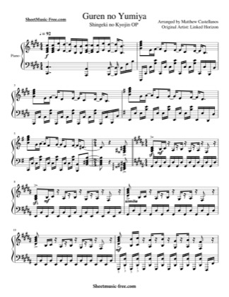 Thumbnail of first page of Guren No Yumiya  piano sheet music PDF by Linked Horizon / Attack On Titan.