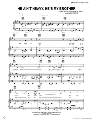 Thumbnail of first page of He Ain't Heavy He's My Brother  piano sheet music PDF by Neil Diamond.