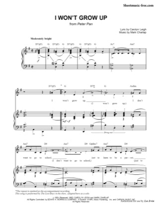 Thumbnail of first page of I Won't Grow Up  piano sheet music PDF by Peter Pan.