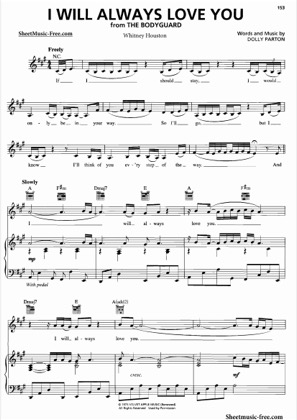 Thumbnail of first page of I Will Always Love You piano sheet music PDF by Whitney Houston.