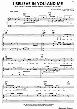 Thumbnail of first page of I Believe In You And Me piano sheet music PDF by The Preacher's Wife.
