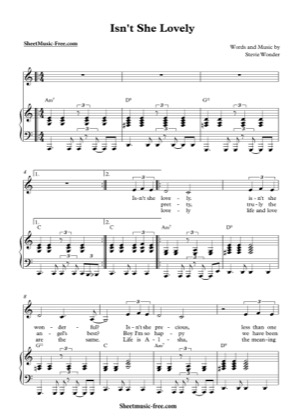 Thumbnail of first page of Isn't She Lovely  piano sheet music PDF by Stevie Wonder.