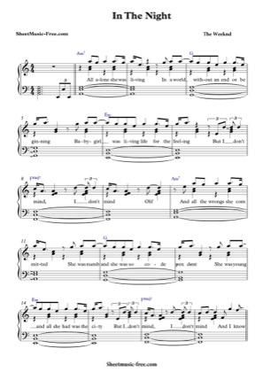 Thumbnail of first page of In The Night  piano sheet music PDF by The Weeknd.