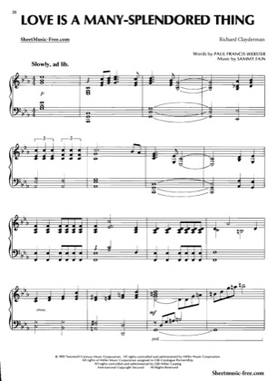 Thumbnail of first page of Love Is A Many Splendored Thing piano sheet music PDF by Richard Clayderman.