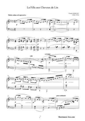 Thumbnail of first page of La Fille aux Cheveux de Lin piano sheet music PDF by Debussy.