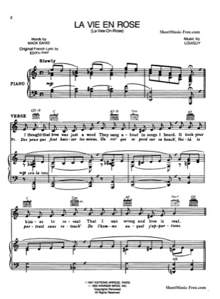 Thumbnail of first page of La Vie En Rose piano sheet music PDF by Edith Piaf.