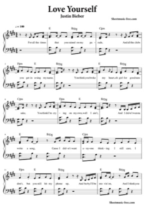 Thumbnail of first page of Love Yourself piano sheet music PDF by Justin Bieber.