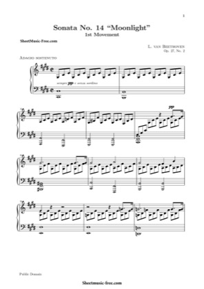 Thumbnail of first page of Moonlight Sonata  piano sheet music PDF by Beethoven.