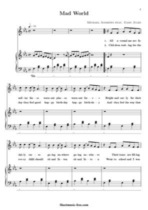 Thumbnail of first page of Mad World piano sheet music PDF by Gary Jules.
