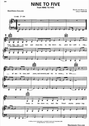 Thumbnail of first page of 9 To 5 piano sheet music PDF by Dolly Parton.