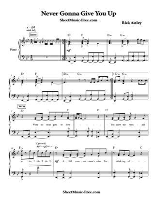 Thumbnail of first page of Never Gonna Give You Up piano sheet music PDF by Rick Astley.