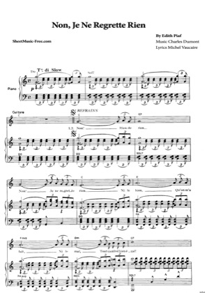 Thumbnail of first page of Non Je Ne Regrette Rien piano sheet music PDF by Edith Piaf.