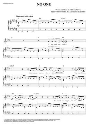 Thumbnail of first page of No One piano sheet music PDF by Alicia Keys.