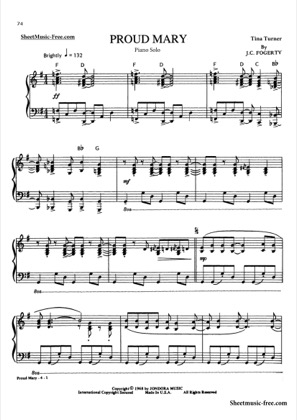 Thumbnail of first page of Proud Mary piano sheet music PDF by Tina Turner.