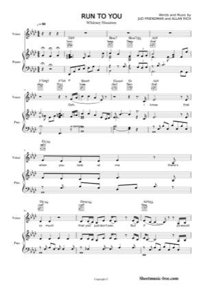 Thumbnail of first page of Run To You piano sheet music PDF by Whitney Houston.