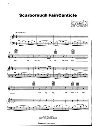 Thumbnail of first page of Scarborough Fair piano sheet music PDF by Simon and Garfunkel.