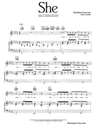 Thumbnail of first page of She  piano sheet music PDF by Elvis Costello.