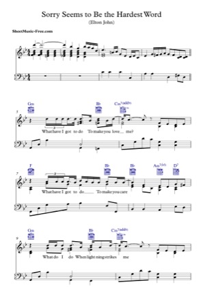 Thumbnail of first page of Sorry Seems To Be The Hardest Word  piano sheet music PDF by Elton John.