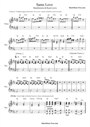 Thumbnail of first page of Same Love piano sheet music PDF by Macklemore & Ryan Lewis.
