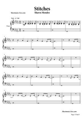 Thumbnail of first page of Stitches  piano sheet music PDF by Shawn Mendes.