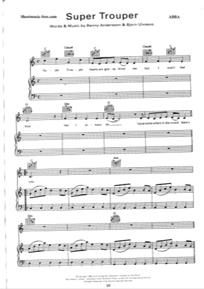 Thumbnail of first page of Super Trouper piano sheet music PDF by ABBA.