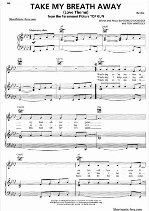 Thumbnail of first page of Take My Breath Away piano sheet music PDF by Top Gun.