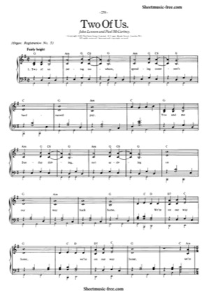 Thumbnail of first page of Two Of Us piano sheet music PDF by The Beatles.