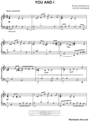 Thumbnail of first page of You And I piano sheet music PDF by Stevie Wonder.