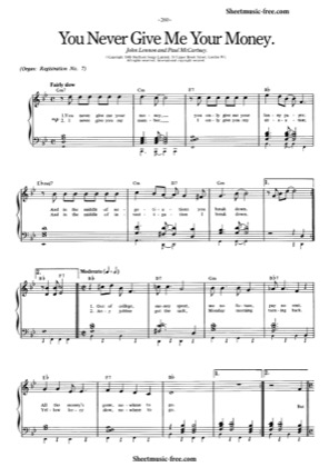 Thumbnail of first page of You Never Give Me Your Money  piano sheet music PDF by The Beatles.