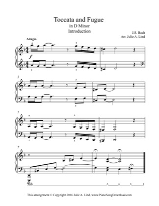 Thumbnail of first page of Toccata and Fugue in D minor piano sheet music PDF by Bach.