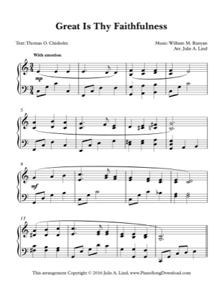 Thumbnail of first page of Great Is Thy Faithfulness piano sheet music PDF by William Runyan.