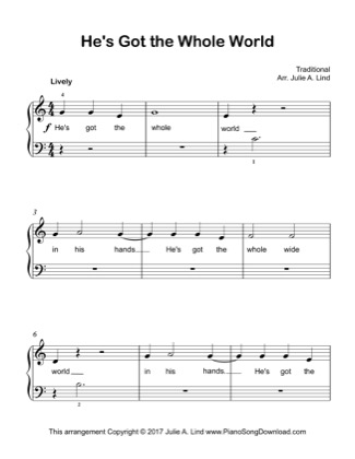 Thumbnail of first page of He’s Got The Whole World piano sheet music PDF by Kids (Lvl 1).