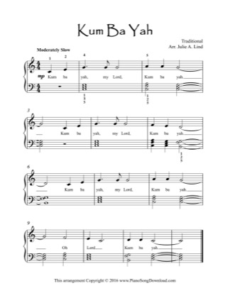 Thumbnail of first page of Kum Ba Yah piano sheet music PDF by Traditional (Kids Lvl 2).