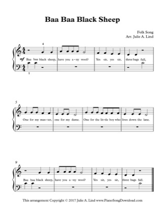 Thumbnail of first page of Baa Baa Black Sheep piano sheet music PDF by Kids (Lvl 1).