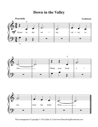 Thumbnail of first page of Down in the Valley piano sheet music PDF by Kids (Lvl 1).