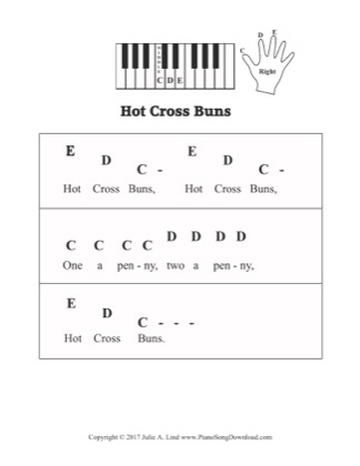 Thumbnail of first page of Hot Cross Buns (PreStaff) piano sheet music PDF by Nursery Rhyme.