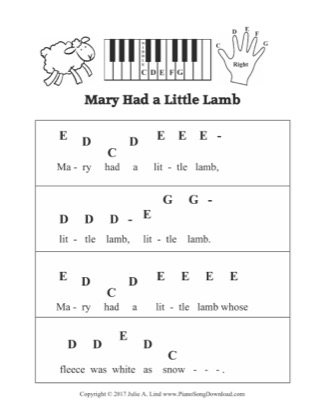 Thumbnail of first page of Mary had a Little Lamb piano sheet music PDF by Kids (Pre Staff).