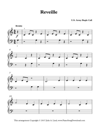 Thumbnail of first page of Reveille, US Army Bugle Call piano sheet music PDF by Kids (Lvl 1).