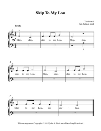 Thumbnail of first page of Skip to My Lou piano sheet music PDF by Kids (Lvl 1).