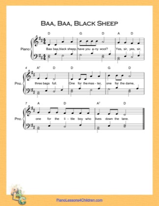 Thumbnail of first page of Baa Baa Black Sheep  (D Major) piano sheet music PDF by Nursery Rhyme.