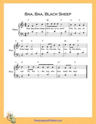 Thumbnail of first page of Baa Baa Black Sheep  (F Major) piano sheet music PDF by Nursery Rhyme.