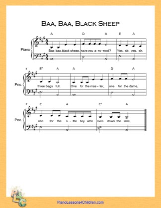 Thumbnail of first page of Baa Baa Black Sheep Very Easy  (A Major) piano sheet music PDF by Nursery Rhyme.