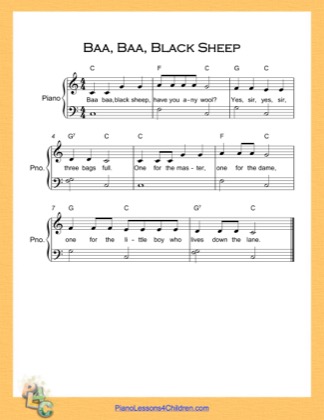 Thumbnail of first page of Baa Baa Black Sheep Very Easy  (C Major) piano sheet music PDF by Nursery Rhyme.